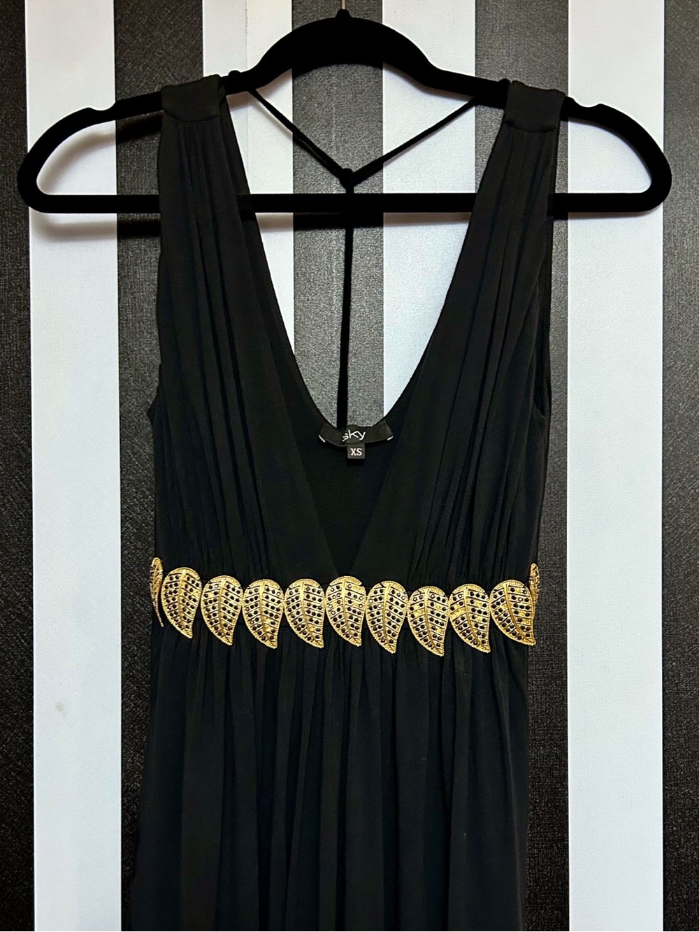 Sky Plunge Neckline Dress with Gold Embellishment